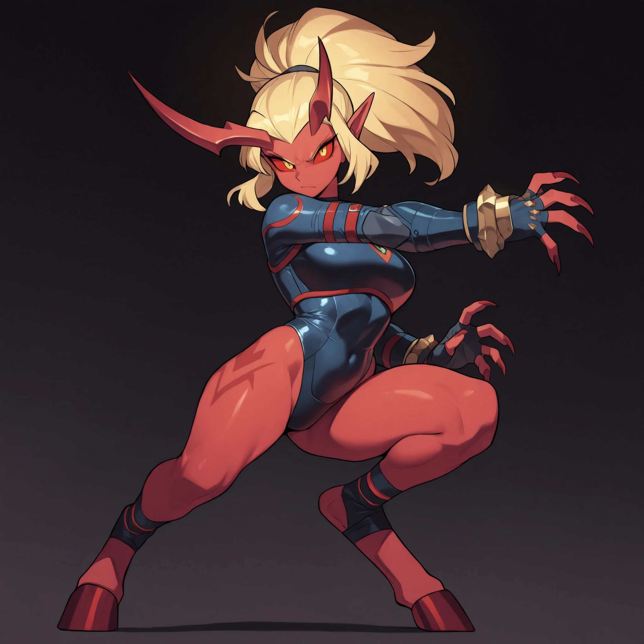 anime style, anime shading, clean lines, masterpiece, best quality, full body picture, centered, 1girl, anthro demon, long blonde hair, ponytail hairstyle, female demon, long horns, demon, demon horns, hand claws, no tail, red sclera, yellow eyes, red skin, red body, red horse hooves, large hooves, metallic hooves, pointy ears, horns,