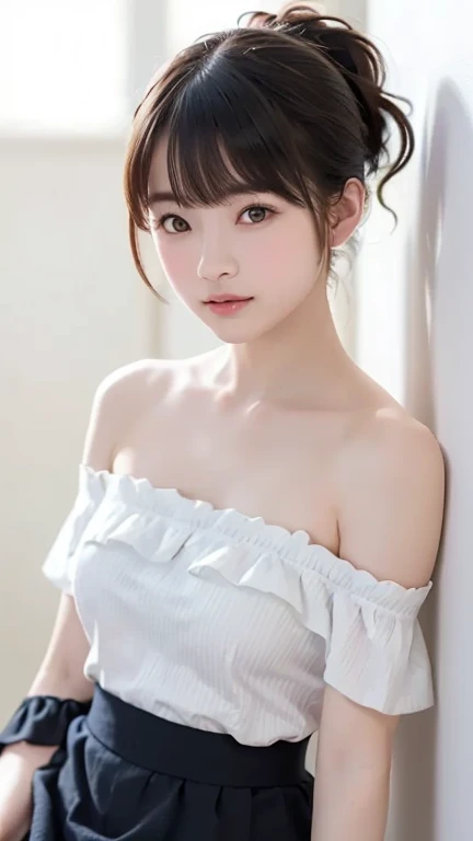 (Raw photography、top-quality)、(realisitic、Photorealsitic:1.3)、top-quality、masterpiece、extremely delicate and beautiful、A highly detailed、nffsw、A sense of unity、2k wallpaper、magnifica、Beautiful in every detail、masterpiece、浅笑、top-quality、Highly detailed ticker Unity 8K wallpapers、huge filesize、ultra-detailliert、hight resolution、ighly detailed、Female 1 Person、15yo student、Slim body、A slender、(Black Leotard Top:0.7)、(Dark blue pleated skirt:1.2)、(Bun hair)、(brown haired)、looking at viewert、Small、small tits、A-cup、Face Close-up、NSFW、、、、PureFace_v1:0.8 Short Hair、
