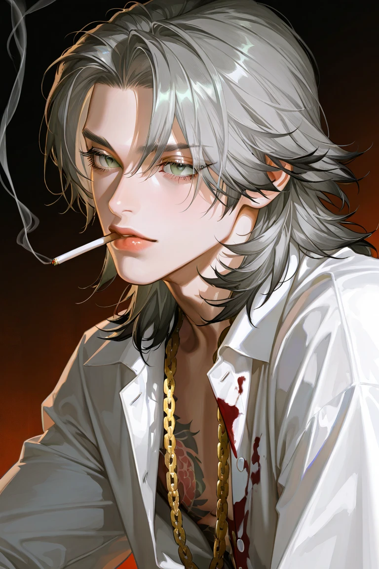 solo, handsome, 1 male, short hair, gray hair, brown eyes, black light, black shirt, smoke, smoking