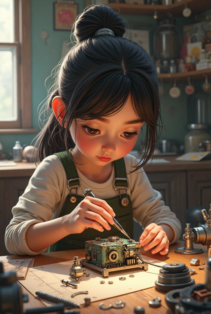 An adorable girl Princess Maria, with an apron full of tools and shiny pieces, focused on her desk, creating a magical invention.