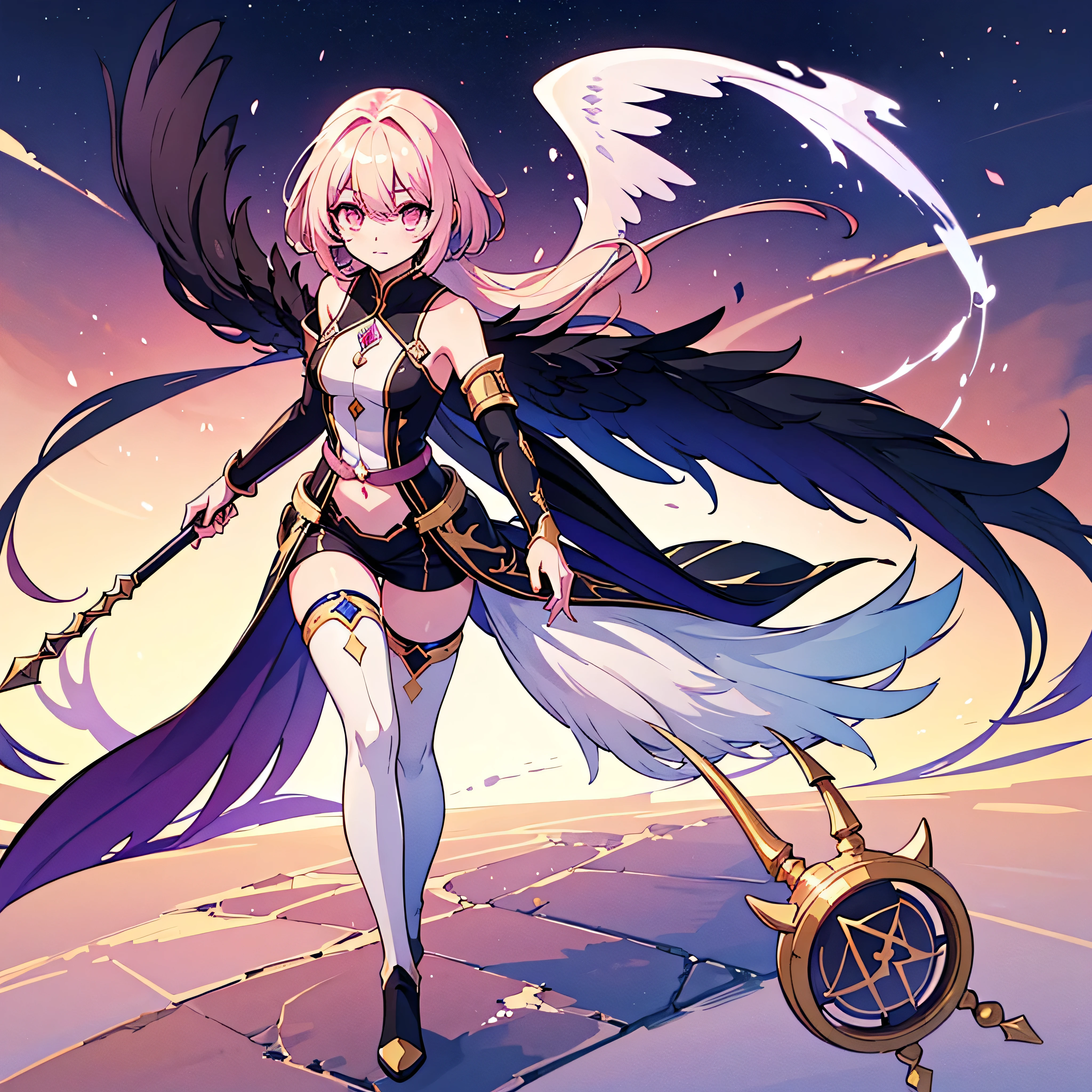 original female Flügel character from the No Game No Life universe, NOT Jibril, full-body, long flowing pastel gradient hair (from pale pink to blonde), golden glowing eyes with vertical slit pupils, calm and confident expression, wearing a high-tech magical outfit with glowing runes, thigh-high boots, floating arcane accessories, and Flügel-style detached sleeves, geometric light wings floating behind her, open spellbook in one hand, floating mid-air inside a radiant sky library, cinematic lighting, sharp clean anime style, fantasy sci-fi hybrid design, highly detailed, 8k