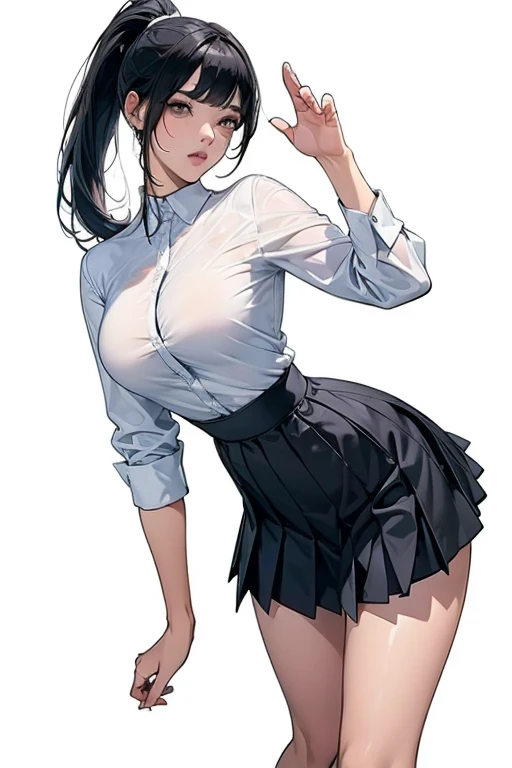 ((1girl, solo)), large breasts, beautiful body, (perfect anatomy, perfect body, perfect hands, perfect legs), nice hands, natural proportions, sexy body, standing, arm up, arm behind head, armpit peek BREAK
((extremely detailed face)), (beautiful detailed eyes:1.6), (realistic pupils, realistic iris:1), expressive eyes, looking at viewer, (clear eyes:1.3), (hyperrealistic:1.2), (detailed skin texture:1.2), smooth skin, (black hair:1.5), blunt bangs, long hair, (detailed lips:1.2), (attractive lips:1.1), (glossy lips:1.1), perfect face, perfect eyes BREAK
white shirt, collared shirt, short sleeves, collarbone, cleavage, belt, black pencil skirt, miniskirt, thighs BREAK
(masterpiece:1.5), anime-style, top quality, best quality, (beautiful and aesthetic:1.2), (ultra detail:1.5), Ultra-detailed depiction, Ultra-precise depiction, extremely detailed 8k illustration, high resolution, (highly detailed shading:1.2), (realistic lighting:1.4), perfect lighting, vibrant colors, dynamic tones, striking hues, 8k, absurd resolution, perfect shadows, hdr, UHD, ambient lighting, realistic, ultra-realistic, photo realistic, highly detailed, rich detail, luminous colors, fine texture, intricate design, professional illustration, (soft light:1.2), (illustration:0.7)