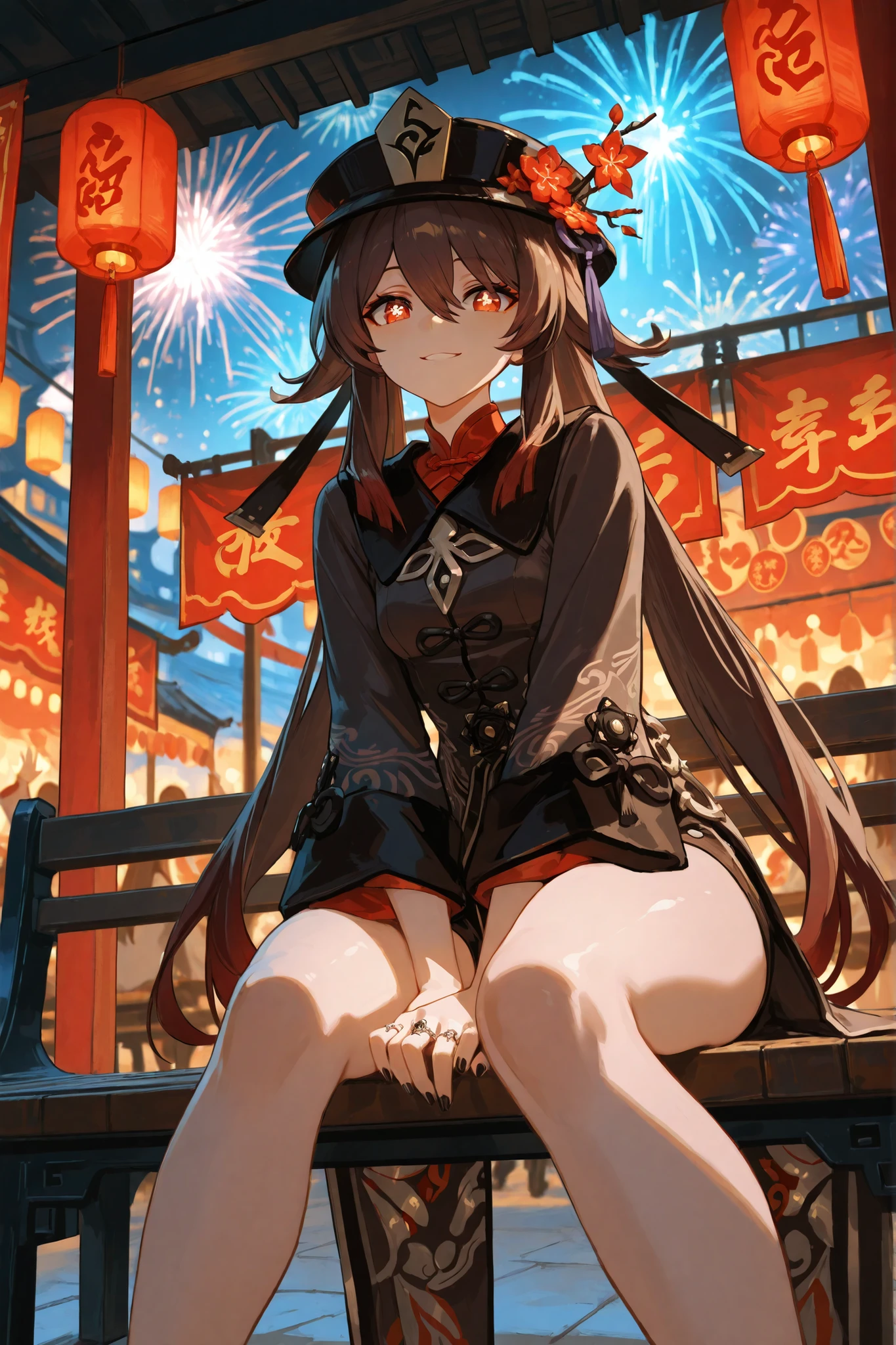 masterpiece, highly detailed, cinematic lighting, hyper-detailed face, intricate textures, stunning composition, perfect anatomy, soft shadows, depth of field, professional digital art, cinematic ambiance, sharp focus, clean and polished rendering), attractive body, small breasts, thick thighs, wide hips, big booty, smooth and radiant skin, soft yet firm body contours, sensual and confident presence, hutao, long hair, bangs, brown hair, red eyes, hair between eyes, twintails, sidelocks, symbol-shaped pupils,
long sleeves, hat, jewelry, flower, shorts, wide sleeves, coat, chinese clothes, black shorts, ring, black nails, hat ornament, hat flower, Ancient Chinese city lit by lanterns, bustling with festival crowds, red banners waving, market stalls glowing, performers in traditional garb, and fireworks illuminating ornate rooftops. Sensual sitting in bench. front view, from below, she sitting with her legs spread up widely: 1.5, hands between legs, leaning foward:1.5