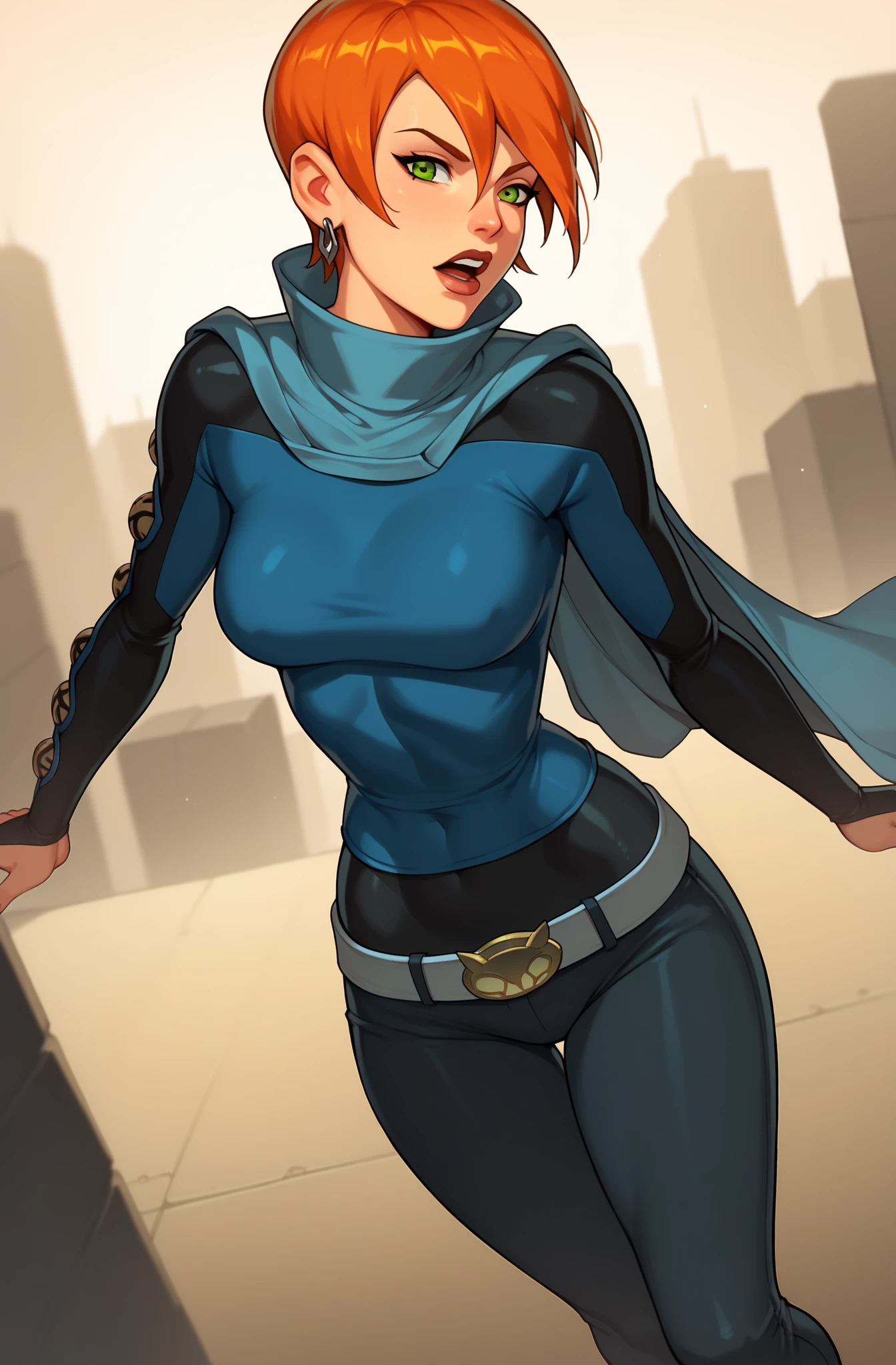Superior Quality, Masterpiece, Ultra High Resolution, (Photorealistic: 1.4), girl, dancing, dynamic pose, (Dark blue satin hijab)), ((gray satin turtleneck shirt and satin leggings)), large breast, brown eyes, sweaty