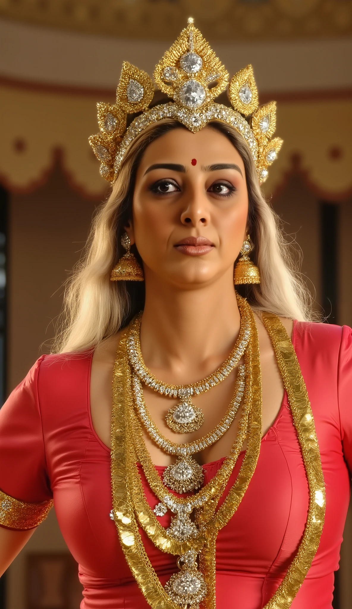 Full naked body, image of plus size curvy thick milf bbw Goddess tabu wearing red armor suit with futuristic sci fi technology and intricate indian design also have golden jewelry, xnayan very thick milf body, long white hair, white skin tone, red lipstick,5k, 4k UHD, 8k,hyper realistic image, wearing big golden crown, ear rings, nose ring with diamond, naked , naked breast. Very big golden crown