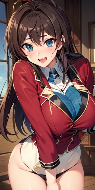 (lactation through clothes:1.1),nipples standing,(nipples peek:1.4),masterpiece, highest quality, Mascot, epaulet, uniform, pleated skirt, Thighhighs, big breasts:1.4, looking at the viewer, Upper body, hand on waist, smile, null, cloud