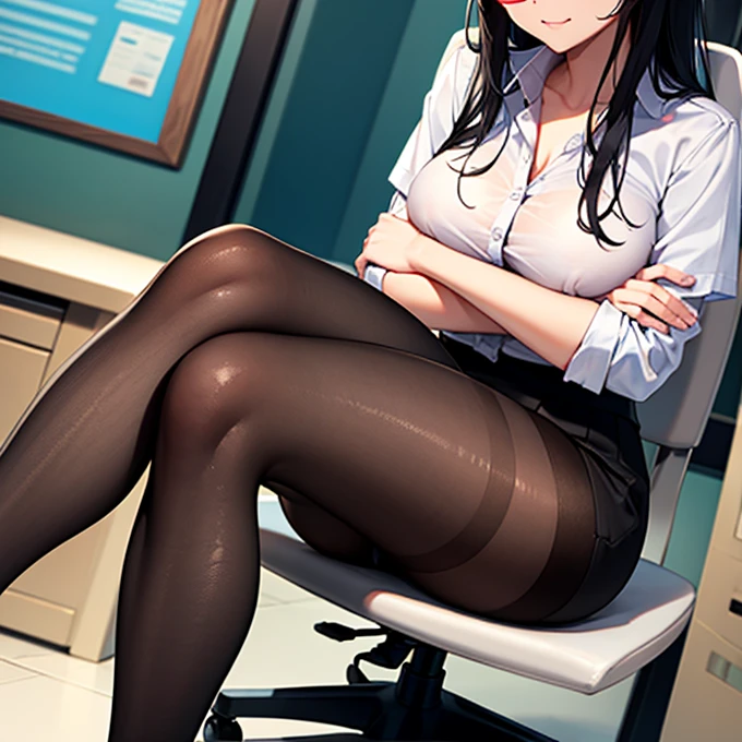 One Girl, alone, ((White shirt)), Black knee socks, With pride, Cleavage,Black panties,Show off your panties to your audience,Spread your legs wide,脚をSpread your legs,I can see your pants,Spread your legs and show me your panties,Her shirt was turned up、Bra is visible,Spread your legs,Black bra,Big Ass,Big Breasts,Low - Angle,Chair下からのアングル, Cowboy Shot,uniform, officeの背景, Black Skirt, Pleated skirt, Very short skirt,pantyhose,office,E Cup, Look at the viewers, alone, Thighs ((masterpiece)), sit, Chair, desk work, Computer on the desk, Name tag, ID Tag, in house, blush, Sexy pose、standing doggystyle