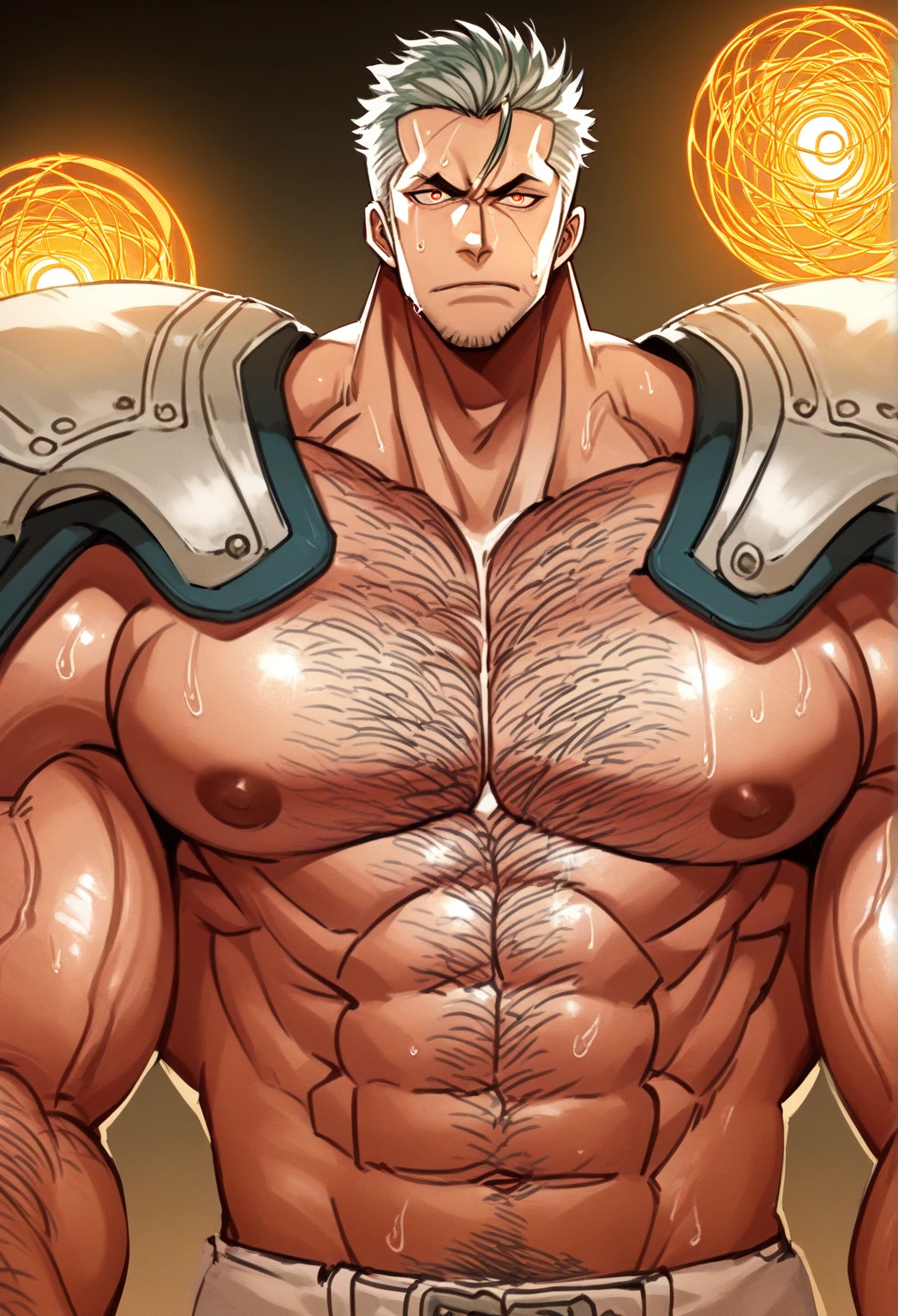 1boy, (very tall man:1.5), sidepec, (mazjojo:0.3), (nikism:0.2), hitenmaru, wolf_con_f, muscular male, muscular, bara, solo, thick neck, long neck, looking to the side, mature male, short hair, (beard stubble:1.8), (beard:1.5), undercut, stubble, (uzumaki_naruto:1.5), blonde_hair, spiked_hair, blue eyes, parted lips, white background, simple background, best quality, amazing quality, best aesthetic, absurdres, year 2023, big muscle, strong waist, huge biceps, huge pectorals, very tall, thick thigh, large hands, hyper muscle, brown skin, abs, nsfw, huge penis, cum, projectile cum, naked, nude, steam sweat, (hairy:1.5), girthy penis, (sparse chest hair:1.5), strongman waist, erection, long penis, thick penis, hand_on_penis, masturbation, penis_grab, sitting, (thick eyebrows:1.5), forest, blue sky, mj manga