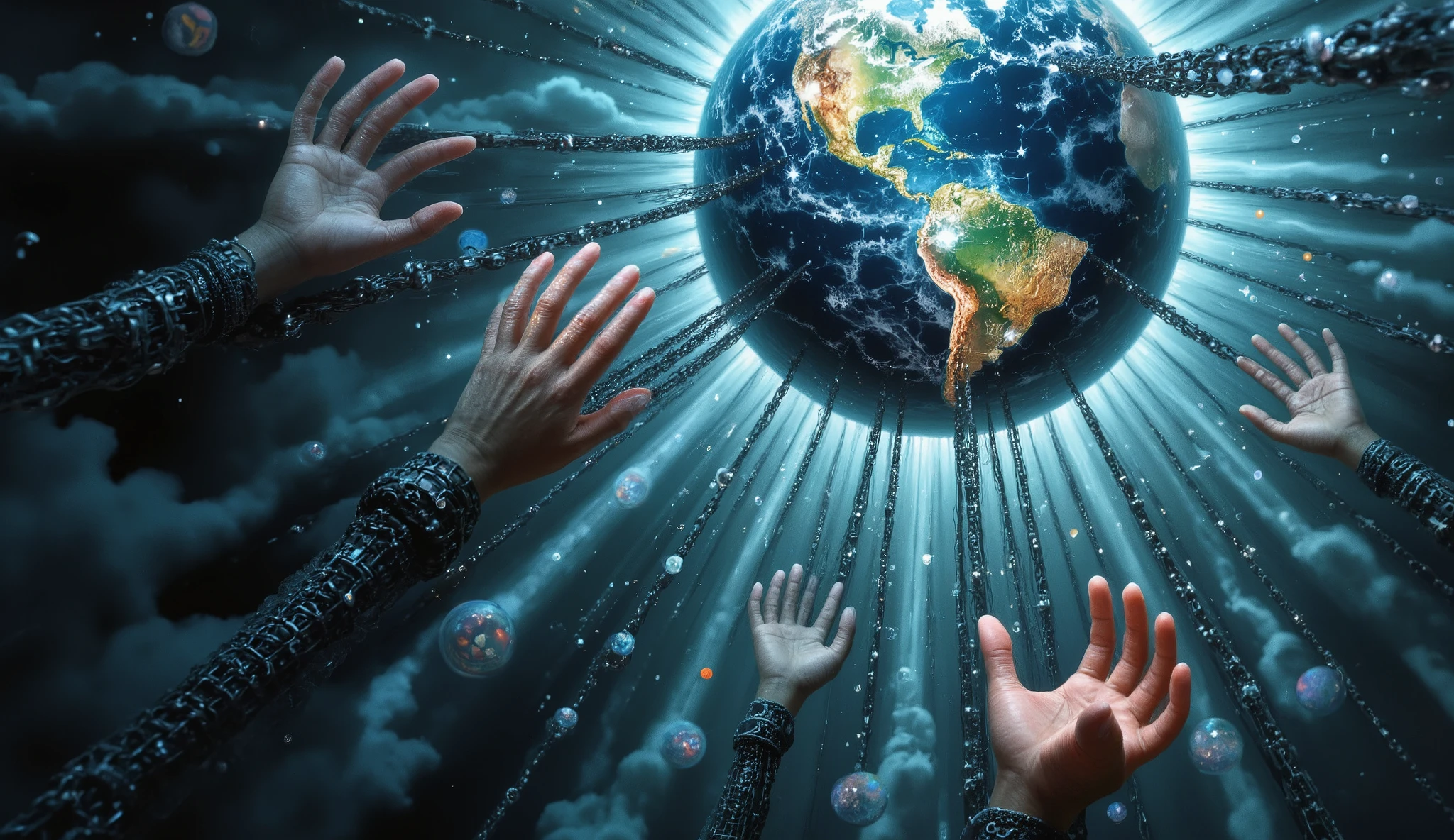 (( Gigantic and colossal hands control the world through chains, something surreal, as if they were gigantic puppets, controlling the actions of everyone, of every person on planet Earth, in a 32k quality, texture and images, in reference to great anime creators and game creators, in a surreal vision from the bottom up to 90º.))