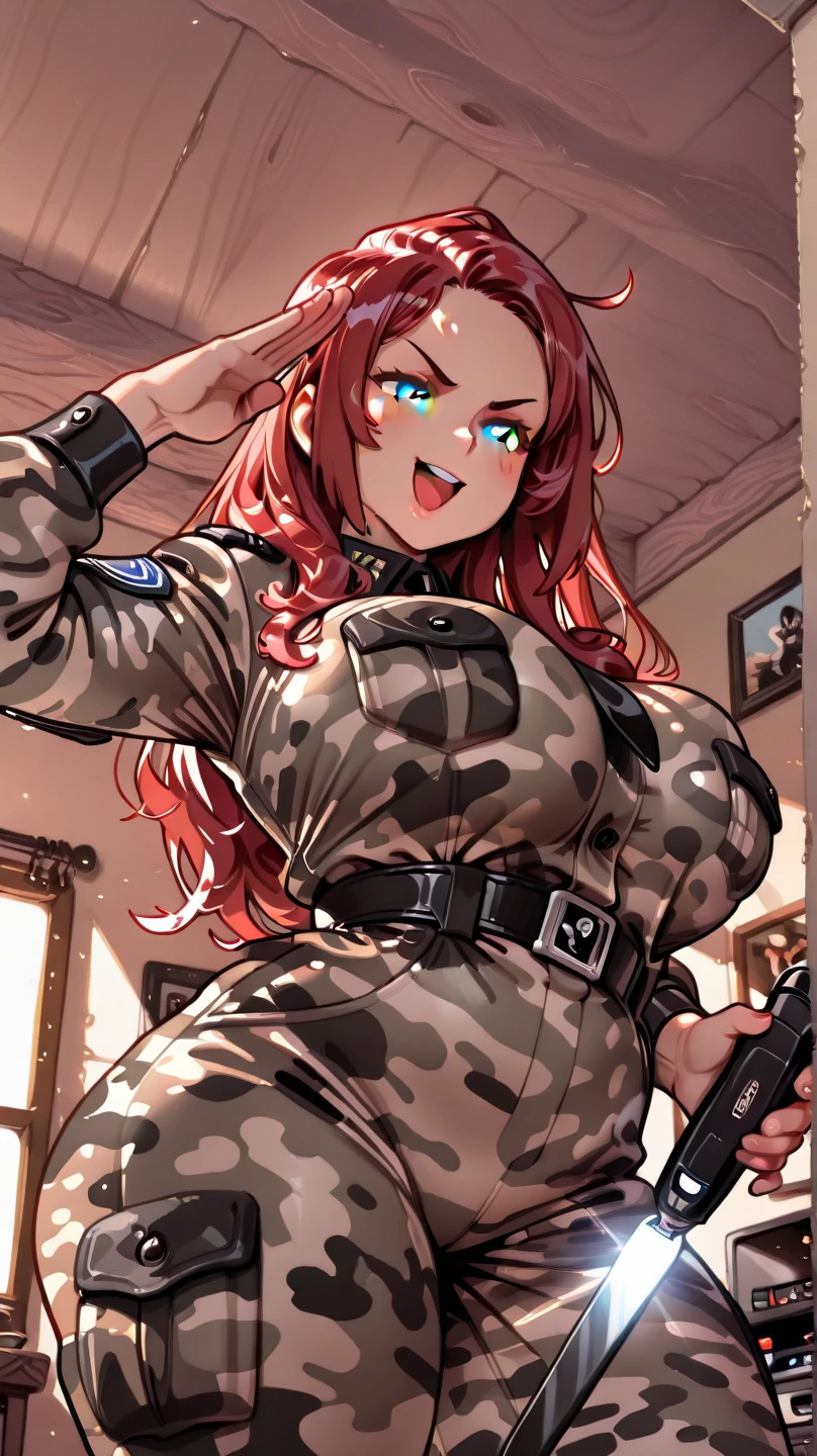 Hot sexy beautiful female special force lieutenant officer, pink hair, ear piercing,bracelets,locket,sharp eyes,curves,charm,white skin, golden hoops earrings , jawline , blush, long straight hair,army soldier uniform,heavy armour,leg pocket,big chest , cleavage , digital watch, a long french jacket, She keeps her signature ,Her transparent pants , with a black belt. She still has her black fingerless gloves , detailed face,army badges, camouflage,soldier backpack,walkie talkie on shoulder, transparent plate armour,utility vest, knee and elbow pads, holsters, and modular pouches, tactical gear ,blue eye, black heart tattoo on neck, lipstick,huge enormous breasts , transparent blouse