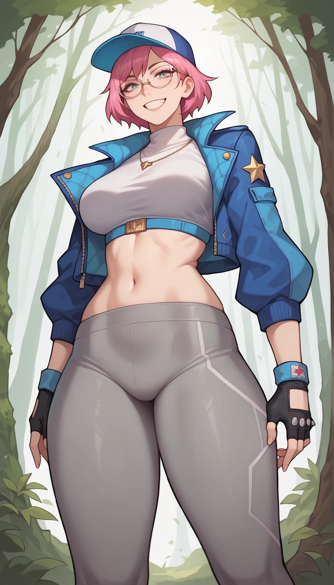 1 girl, (masterpiece), (best quality), standing, (solo), looking at viewer, high detailed,extremely detailed, fine eyes, smile,dynamic pose, short pink hair,cap,crop top, jacket,fingerless glove,curvy,forest,glasses,(gray leggings),(portrait:1.2),