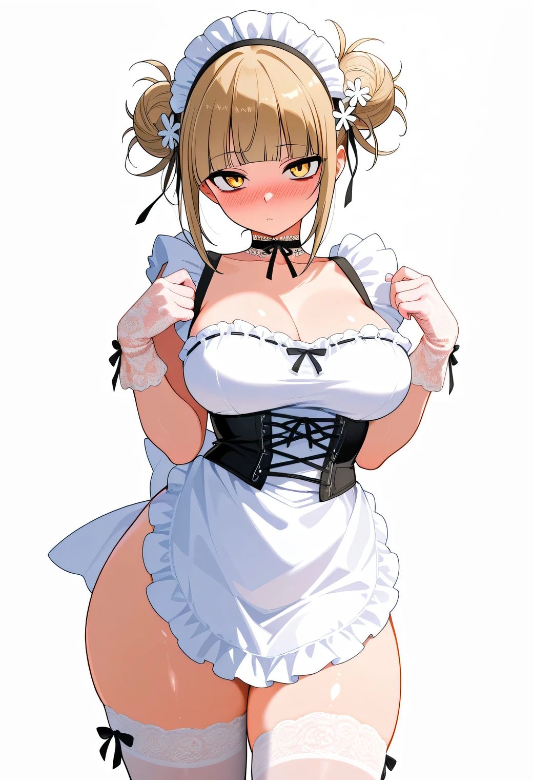 (One girl)、bob cut、flipped hair、((Blonde))、（Sato Air）、slan eyes、((Big super breasts))、(Chubby)、beautiful girl、[[Big thighs]]、green eye、(Maid clotheini skirt)、No sleeve、White sleeveless、((hairs between eyes))、((thigh-high socks thighhighs))、(long gloves)、say、White Background、
