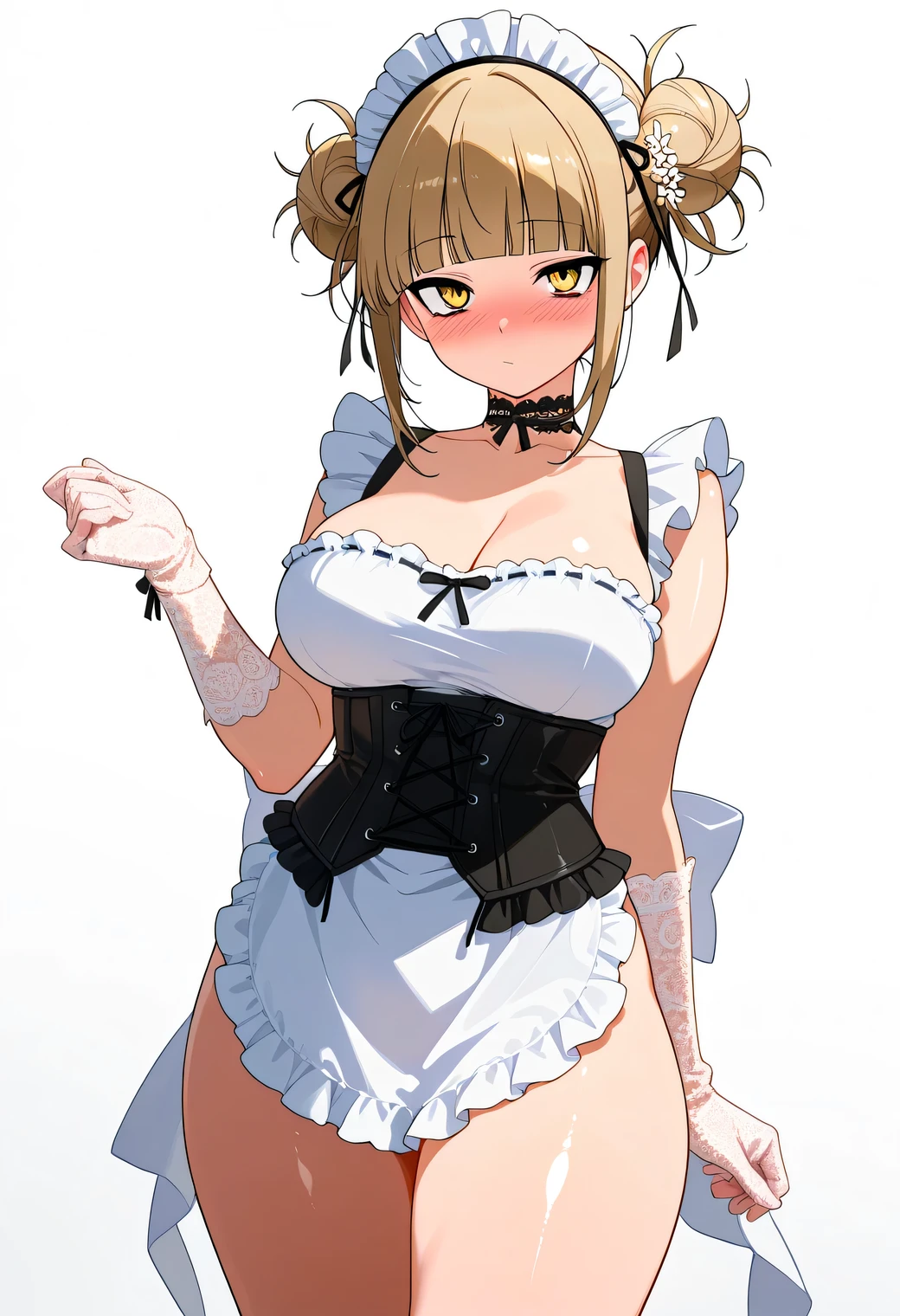 score_9, score_8_up, score_7_up, score_6_up, score_5_up, score_4_up, masterpiece, high quality, BREAK, 1girl, 1girl, white background, simple background, standing, nice legs, looking at viewer, nose blush, shiny legs, shiny body, shiny hair, clear skin, clear body,, solo, thick thigh, thick thighs, solo, female, large breasts, toga himoko, blonde hair, yellow eyes, blunt bangs, double bun, wearing a detailed and elegant black and white French maid outfit with a frilly apron, low-cut corset top, and lace gloves., with a shy or neutral expression. Hair adorned with floral accessories and ribbons, wearing a decorative choker. COWBOY SHOT, soft white background. High-resolution anime-style illustration, clean lines, smooth shading, and rich fabric details., shiny skin, shiny hair, shiny body, clear body,