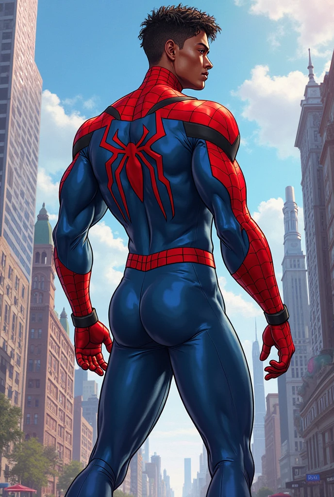 a beautiful ((young man)) spider man, 18 years old, ideal build, round soft buttocks, lies with his back up, arched in the lower back, raised his hips, revealing a beautiful perfect butt with round buttocks