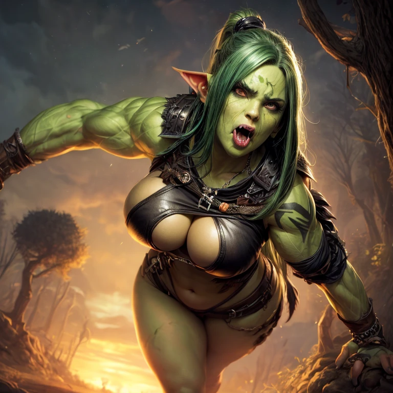 Masterpiece, highlydetailed, Hyperrealistic fullbodyshot from above of a beautiful green orc female laying on her back, hands holding her boobs, fully naked with soft green skin, large breasts, big size body, perfect curvy and muscular body shape ,perfect face features with thin nose, thick kissable parted lips, big tusks, expressive green eyes looking upfront, braided long black hair, tribal tattoos, dungeon, prison, fantasy, dnd, world of warcraft
