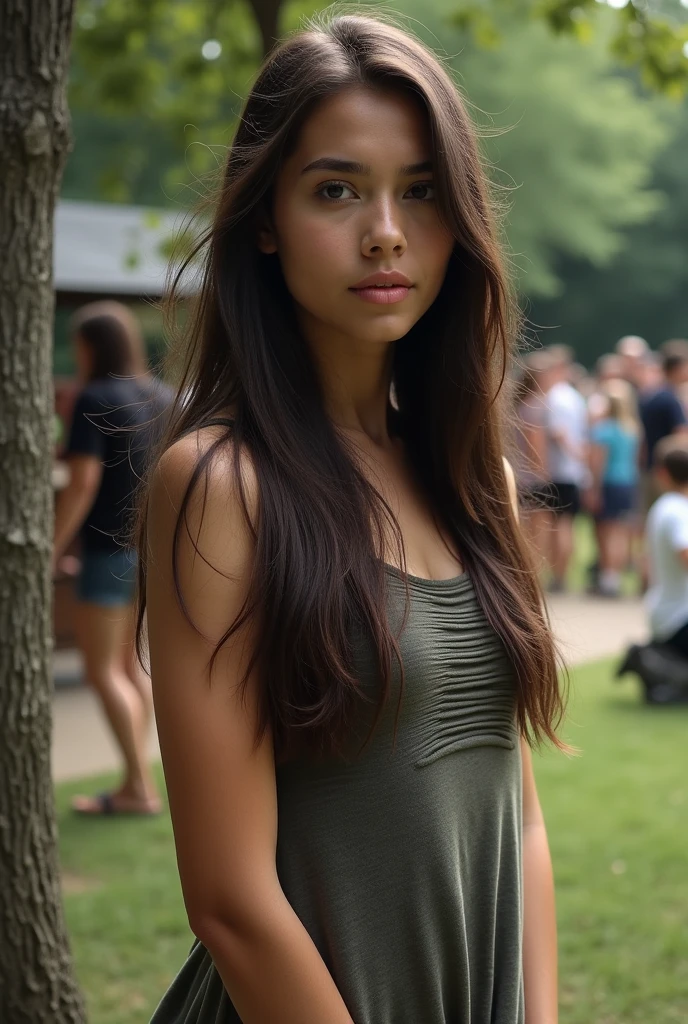girl standing seen next to a tree, girl hiding behind the tree. completely naked. park. (Beautiful 16 year old girl) beautiful and perfect face, (slender body) Slender body, (black hair) (blue eyes) (white skin) Beautiful body, western face, predatory eyes, slim hips, thin thighs, collarbone, ribs, Western beauty, thin nose. Public park. families having a picnic, people in the background.