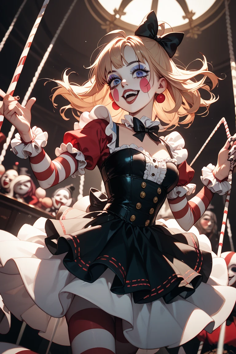 ((Highest quality)), ((masterpiece)), (detailed), (Perfect Face)、The woman is Yuuki Asuna, with light brown, semi-long hair and pure white skin.、The woman is an evil clown wearing a risque black rubber V-shaped leotard costume, long black rubber boots, long black rubber gloves, lots of frills and clown decorations, a clown collar, a clown jester hat, a swallowtail skirt, heavy makeup on the clown's face, and a red nose.、The woman is a wicked and lewd clown, a minion of an evil organization.、The evil circus leader and the woman embrace, kiss and have sex、The woman is the captain's wife.