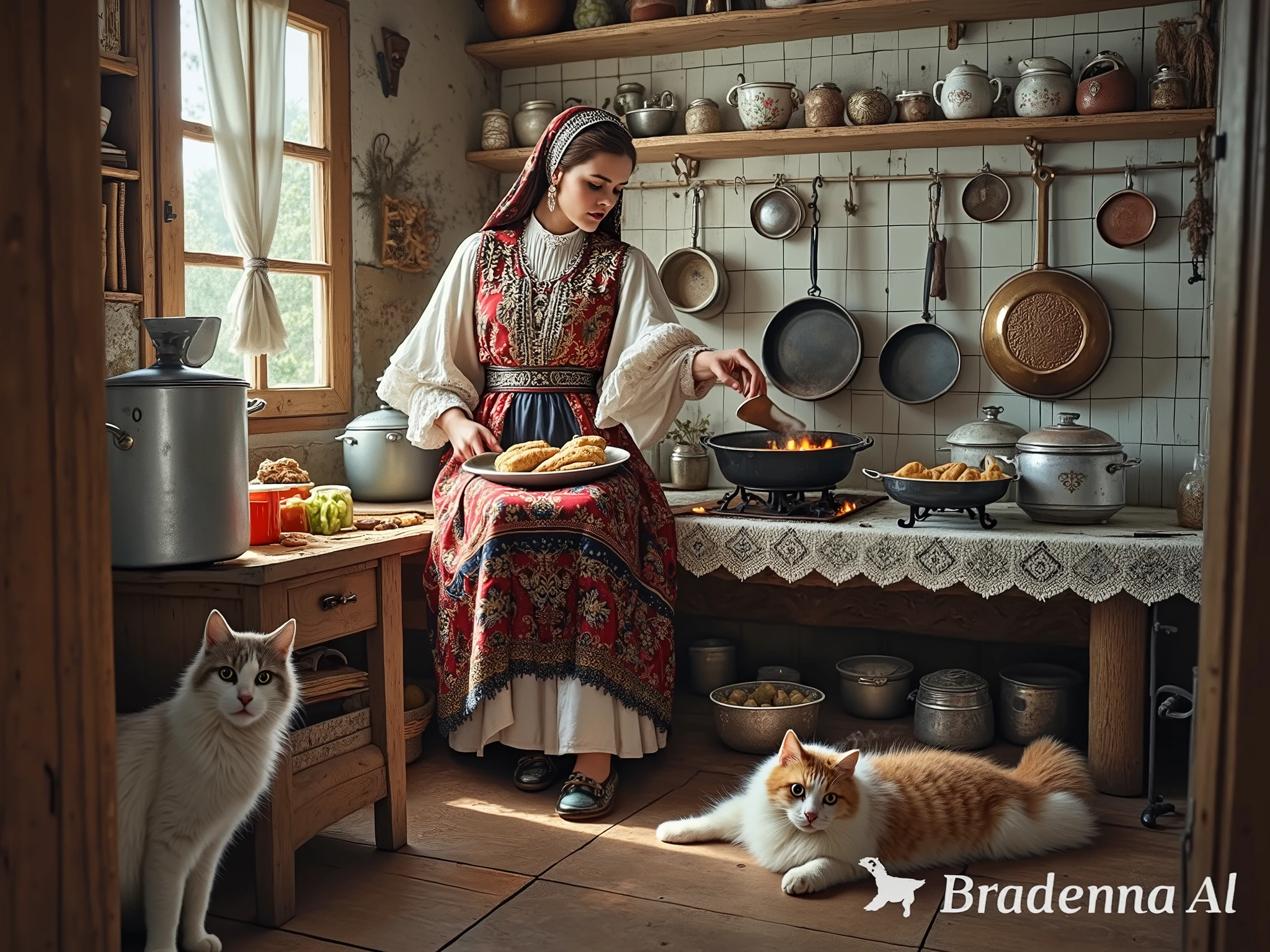 A stunningly beautiful young Russian woman with high Caucasian cheekbones and flowing chestnut hair, dressed in an ornate traditional Dagestani costume (vibrant red silk embroidered with gold floral motifs, a silver belt, and a flowing chokha cloak), stands confidently in the heart of a rustic 19th-century Russian kitchen. The scene revolves around a massive brick pechka stove, its iron door glowing with embers, casting flickering golden light on hanging copper pots and cast-iron skillets. She stirs a steaming pot of borscht on the stove’s flat surface, surrounded by hyper-detailed cultural elements: a Khokhloma-painted wooden table laden with karavai braided bread, a polished brass samovar puffing steam, jars of pickled mushrooms and cucumbers, and a black cat curled on a hand-woven rug. Behind her, an elderly babushka in a floral headscarf rolls pelmeni dough, while two ren peek  a carved oak cupboard stocked with ceramic bowls adorned with firebird designs.

The kitchen breathes authenticity: wide pinewood floors, ceiling beams strung with dried garlic and herbs, embroidered vyshyvka curtains filtering soft afternoon light through lace trims, and walls hung with rustic tools and a faded Orthodox icon. Three fluffy Siberian cats weave between wooden stools and a spinning wheel, their fur rendered in hyper-realistic detail. Smoke wisps from the pechka’s chimney, blending with the warm haze of baking rye bread.

Drawn digitally in the legendary style of Don Lawrence: bold, saturated colors with dramatic chiaroscuro lighting, hyper-anatomical precision in the woman’s poised posture and fabric folds, and comic-book dynamism in the cats’ playful movements. Every texture shines—the roughness of brick, the gleam of the samovar, the intricate embroidery threads. Award-winning masterpiece quality, 8K resolution, with cinematic depth and lifelike imperfections (flour dust on the table, subtle wood grain, steam curling from the borscht).
