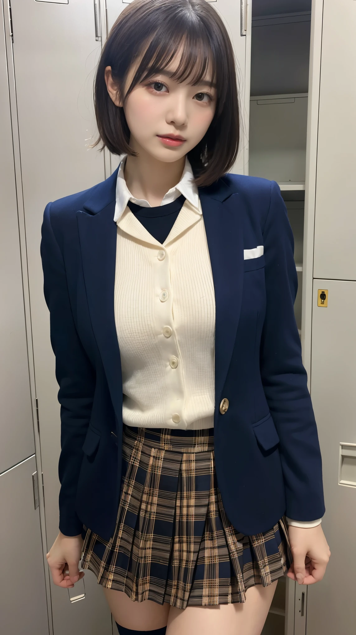 School classroom，One cute girl,Japanese ，Dark Blue Blazer,Blue checked mini skirt,18-year-old,Short brown hair with side waves,The best smile,Thighs,knees,Slender girl，Thighsを広げてしゃがんでいる:1.5，my skin is beautiful，Wear black loafers，Natural Makeup，The skirt is slightly turned up，
