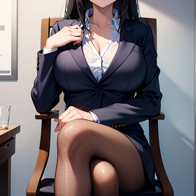 Highest quality、1 female 30-year-old、female teacher、Black Hair、Long Hair、Dark Eyes、Big Breasts、Black suit、Parted bangs、Pencil Skirt、garter belt、Knee-high socks、Cleavage、clavicle、Expressionless、Sit on a chair、Crossing your legs、