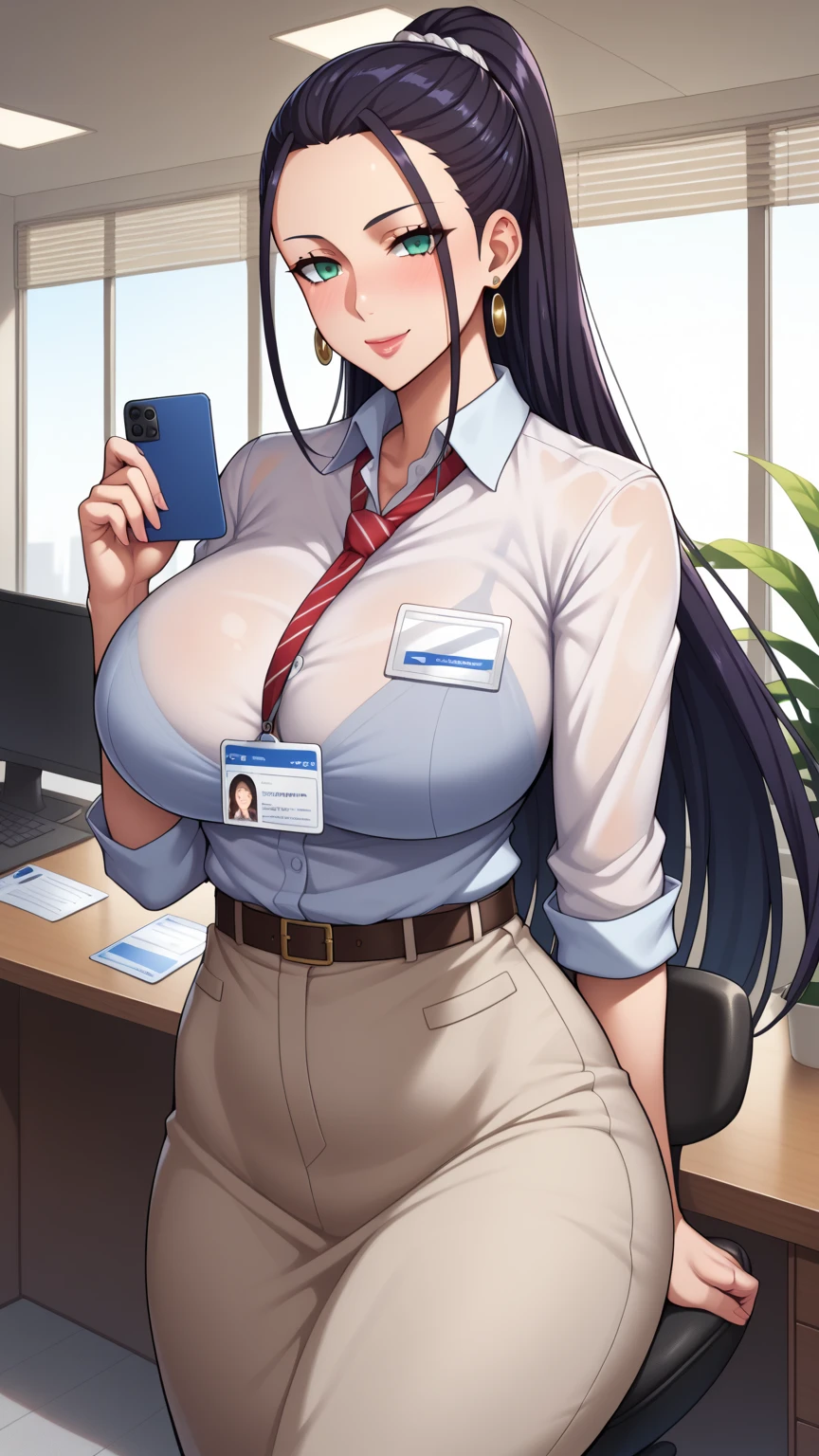 Score_9, score_8_up, score_7_up, score_6_up, score_5_up, score_4_up, source_anime, solo, 1girl, makeup, whore, prostitute, young female, sagging huge breasts, wide hips, thick thighs, BREAK Reiko Akimoto, long hair, shirt, business jacket, huge areolae, areola slip, black areolae, earrings, earrings, long skirt, fishnet thighhighs, walking, sideview, brown eyes, long eyelashes, looking at viewer, pov, indoors, crowded, office, day time, blurry background, window, city lights, covered nipples, bracelet, seductive smile, long fingernails, nail polish, collarbone, head tilt, hairy stomach hair, hairy armpit hair, showing armpit, business atmosphere, neck strapped ID card, document folder, hentai, sweating, dark hair