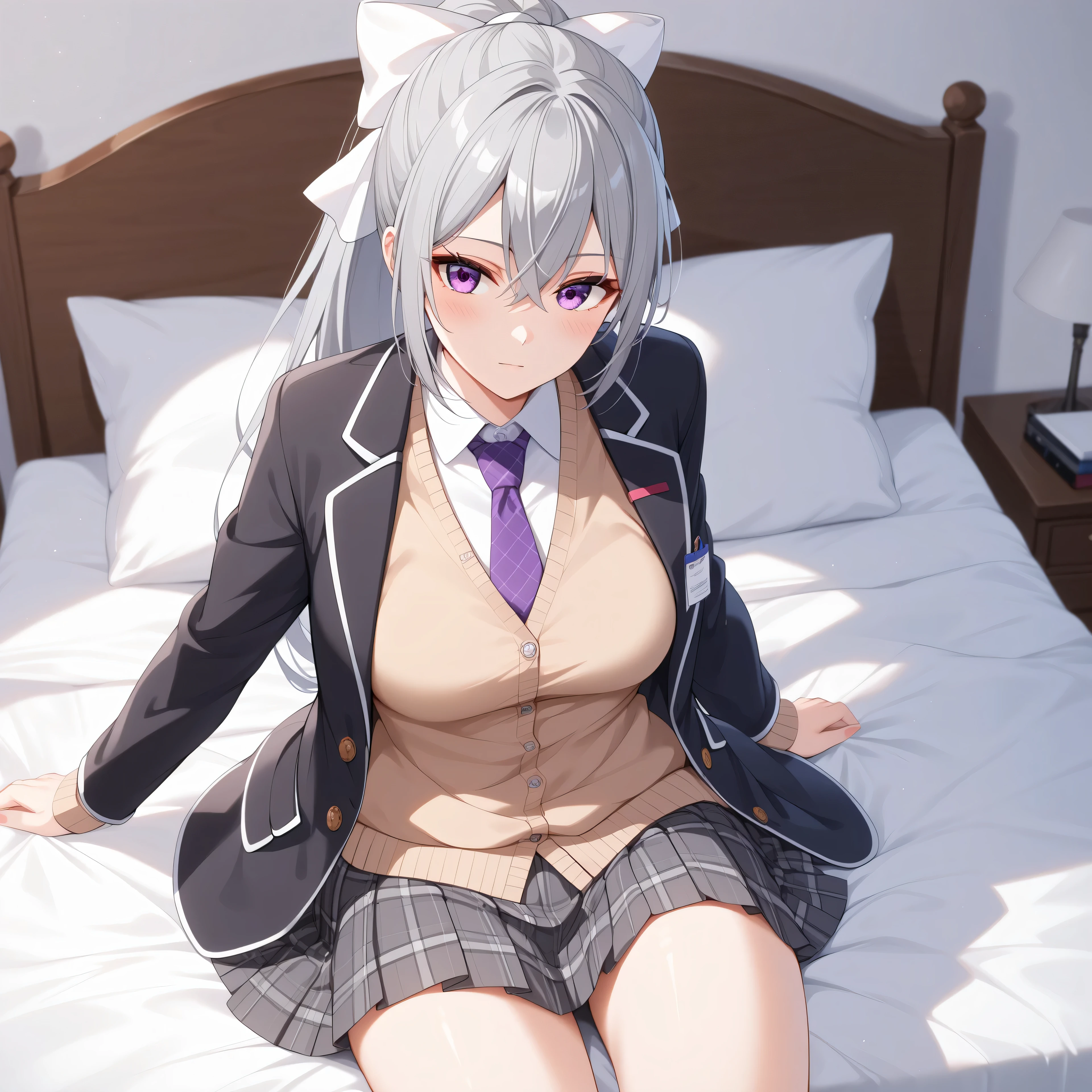 1woman,best quality,ultra-detailed,high resolution,extremely detailed CG,unity 8k wallpaper,score_9, score_8_up, score_7_up, score_6_up, score_5_up, score_4_up, rating_questionable,hk1, purple eyes, grey hair, hair between eyes, long hair, ponytail, bow, white bow、 shirt, white shirt, necktie, purple necktie, cardigan, jacket, black jacket, blazer, skirt, grey skirt, plaid skirt, nsfw、medium breasts,professional quality、bed room,masterpiece, best quality, amazing quality, highres, absurdres, very aesthetic, high resolution, ultra detailed, perfect details,