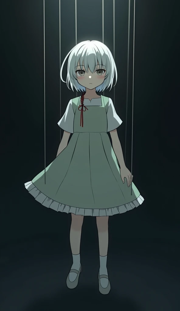1girl,Short-haired, white-haired girl-like puppet、The background is a dark image、A state where they are expressionless, strung on a string, and float without strength、anime CG,masterpiece, best quality, amazing quality, very aesthetic, absurdres,  newest,