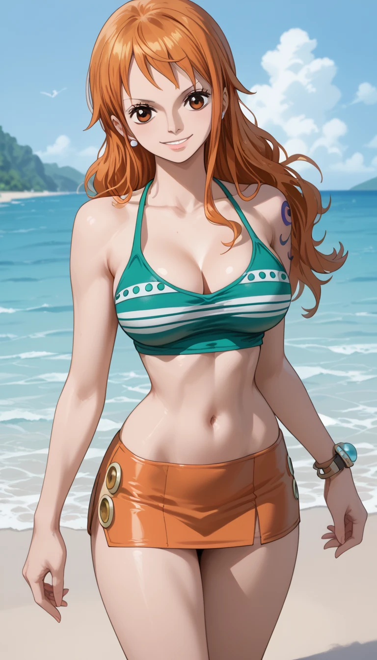 nami \(one piece\), 1girl, bangle, bangs, bare shoulders, belt, bikini, bikini top only, bracelet, breasts, brown eyes, bubble, cleavage, denim, earrings, floating hair, green belt, green bikini, groin, jeans, jewelry, large breasts, long hair, looking at own body, navel, orange hair, pants, shoulder tattoo, sidelocks, sky, smile, solo, stomach, swimsuit, tattoo, angry, crossed arms, (sweaty:1,2), shy, flusttered, , ((masterpiece))