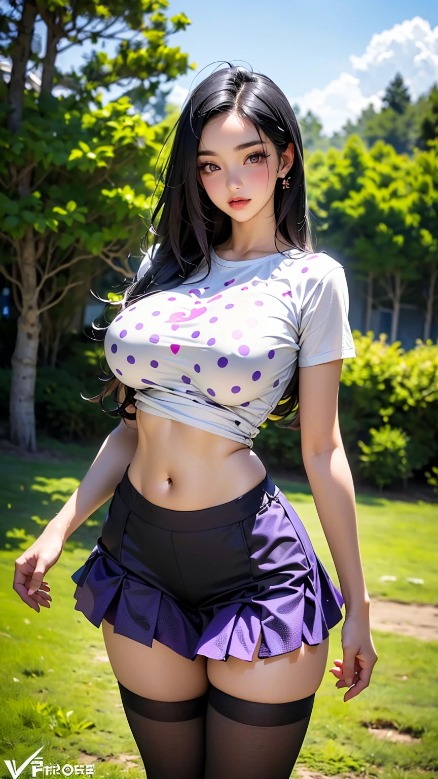 Beautiful woman with perfect body:1.4,Layered Hairstyle,Prominent cleavage,Highly detailed face and skin textures,Double eyelids,Skin Whitening,Long hair,Whitened long legs,Purple Hair,(Tight T-shirt,miniskirt,Black pantyhose)Standing on the sports field