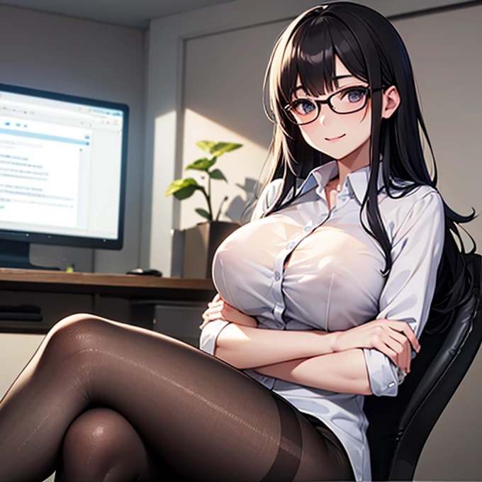 masterpiece, best quality, high definition images, atmospheric perspective, expressive eyes, perfect face, ultra detailed, solo, 1mature seductive woman sitting down in a carelessly sprawled on desk, alluring pose, black short bob hair, simple glasses, business suit, vest, blouse, grabbing large breasts, pencil skirt, tight mini skirt, lifting skirt, spread legs, panties, curvy, thighs, pantyhose, high heals, look ecstasy, calm smile, shy, open mouth, from below, in office,