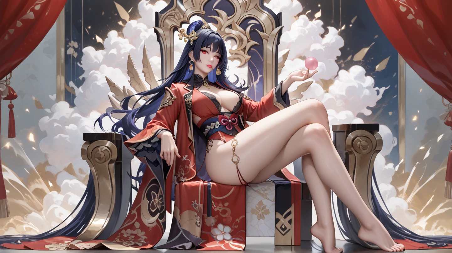 { "prompt": "Empress Xian Li, the Eternal Crescent, a highly detailed illustration in a 4K resolution. She is depicted with fair, flawless skin and long, straight raven-black hair styled in an intricate updo adorned with an elaborate crown made of gold and precious jewels. Her piercing cold gray eyes and deep red lips provide a stark contrast to her pale complexion. Xian Li wears resplendent imperial robes made from the finest silks, in shades of deep red, black, and gold, with intricate embroidery and delicate lace. The robes feature symbols of the crescent moon, dragons, and phoenixes. The background includes elements of the imperial palace, with grand pillars, opulent tapestries, and a majestic throne, emphasizing her divine authority and the grandeur of her reign. She has a serene and emotionless expression, highlighting her royal status and ethereal beauty.", "size": "1024x1792" }