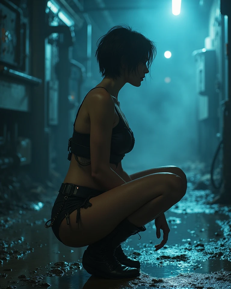 The Wind of Sincerity, anime, after the rain, Moving visual effects, Natural glare. Cute Woman, (((Thick thighs)))、A 20-year-old with a gentle face，Exposed female genitalia, nude, naked, hairy pussy，Tanned girl、short hair，Baby Face，pubic hair，Put your arms behind your back.  Cyberpunk style cluttered room. more neon. Many machines with unknown uses. Large windows with an open feel. It's sunny outside.