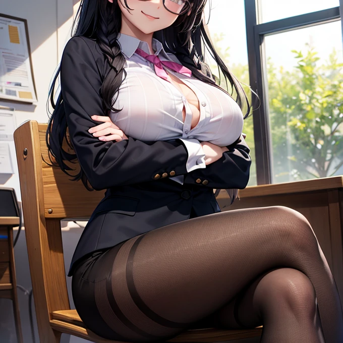 ((masterpiece,The tallest shadow, Nice lightning : 1.2)), original character, Mature woman with beautiful face, Big breasts, kind smile, Wear teacher uniform (Best details), Sit down and read a book, Detailed background cute pose, Long black hair