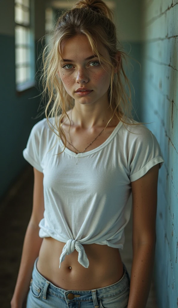 beautiful young american woman,blue eyes,blonde,medium to large bust,under the rain,white dress,shooting,super real,body shot,dramatic,backlit,e,volumetric lighting,detailed face,extremely detailed,painting, wet skin, wet clothes, wet body, wet hair, wet, soaked, blonde hair, permed, round face, looking at viewer