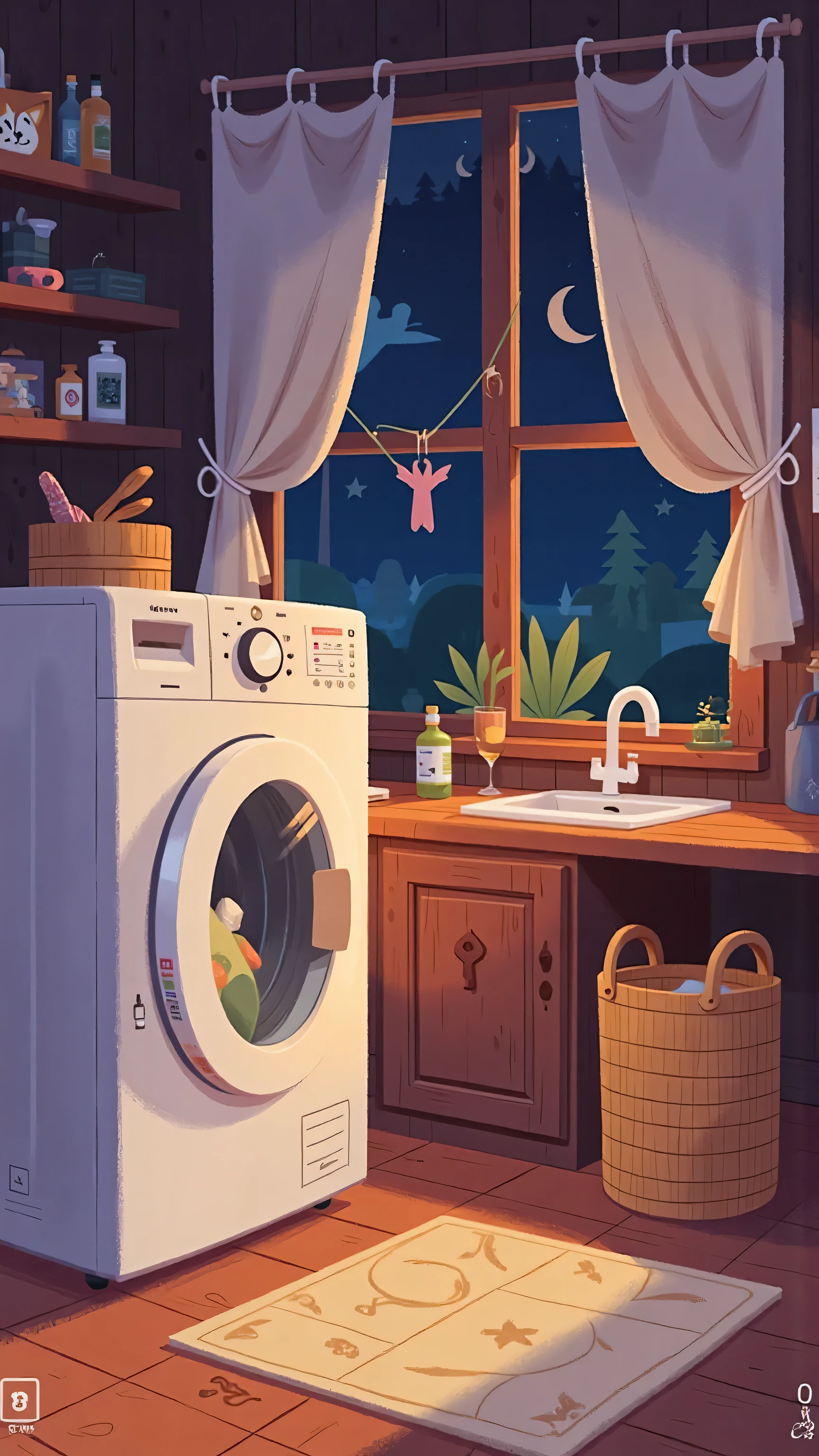 night，A warm and simple laundry room，The white washing machine has white curtains，can see the clothes being washed。There is a simple kitchen sink on the counter next to the washing machine，A woven laundry basket next to the window。The window is decorated with a lightweight curtain，Soak in the soft night view，使房间呈现出干净peaceful的氛围。Simple design，soft color，Simple details。--Style：2d illustration ，modern，Minimalism，peaceful。