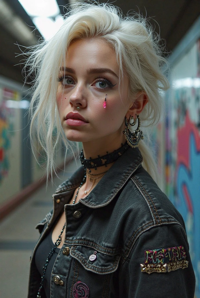Old russian milf, platinum blonde hair in top bun ,with very light blue eyes, pale, heavy eye shadows. Sad face, smeared make up, runny mascara. Wearing black moto jacket, sports bra, black skinny jeans and white tennis sneakers. Lots of metallic braceles and collars. Tacky leather belt with oversized buckle. Wide loop earrings. Scared face, on her kness, looking up. Seen from above