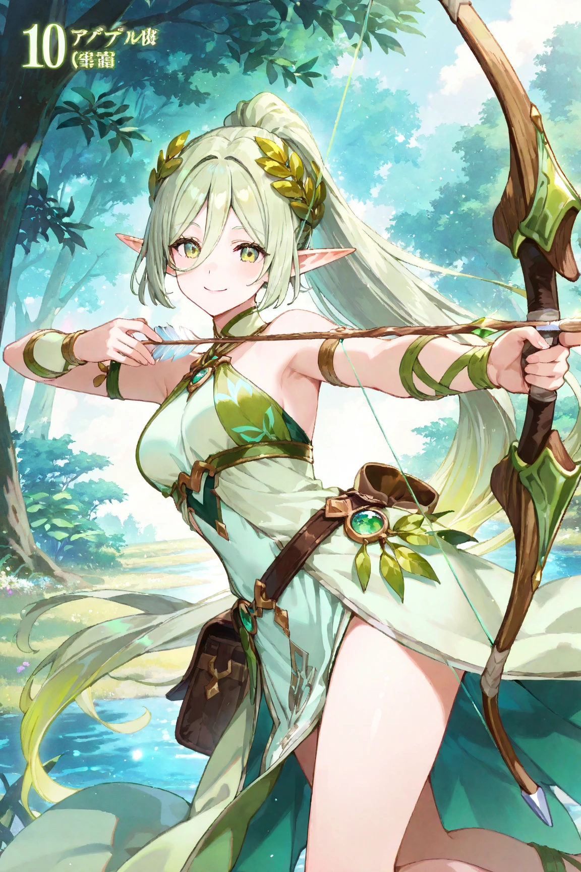 1girl, Elven archer in a lush forest, pulling back arrow on an intricate bow, ntense focus, detailed facial features and almond-shaped eyes, leotard, (nature elements and greenery:1.4), dappled sunlight filtering through the trees, 8K, soft focus, (depth of field, bokeh:1.3), thighhighs, twintails,
detailed Illustration, official artwork, wallpaper, official art, extremely detailed eyes and face, beautiful detailed eyes, [emerald:opal:0.5] eyes,
from side, full body, dynamic action pose,
<lora:granblue_fantasy_style_xl:1>, granblue,
<lora:add-detail-xl:0.75>,
<lora:quality1:0.75>,
<lora:extremely_detailed:0.6>, extremely detailed,
<lora:IOS_Iridescent_opal_style:0.6>