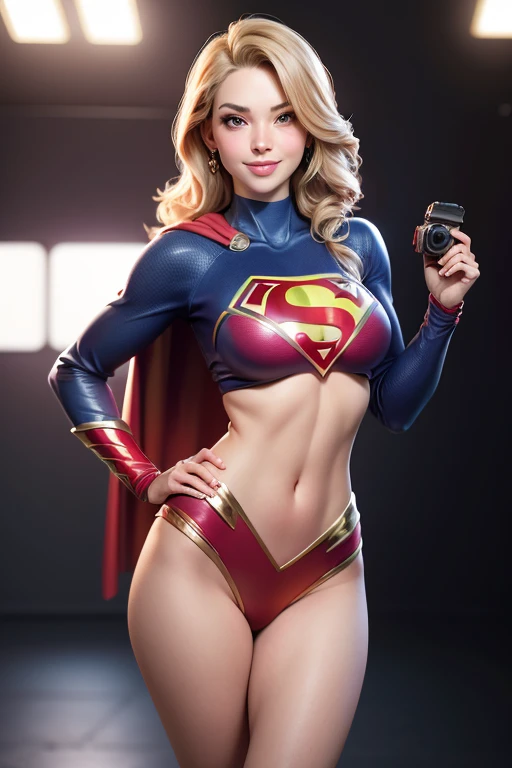 ((super girl)), Portrait photography by Art Germ, realism style, Lustrous skin, The main character of the cartoon, Natural light, tight lips, Strong body, Feminine body, full length, viewer, (Smile:1.2), Depth of field f/1.8, studio shot, (((looking in camera))), looking in camera, ((( Camera Eye))) , ellen von unwerth, (Sexy Pose:1.5),