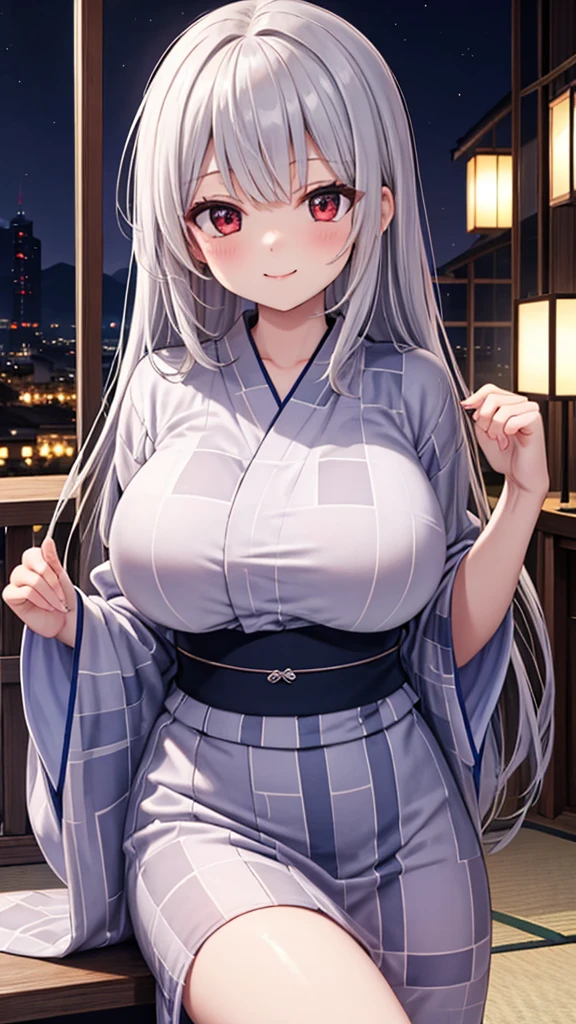 (((masterpiece, best quality))), (((superior quality))), cute girl, ((extremely detailed girl)), ((huge breasts)), (yukata), (bare shoulders), strapless top, long silver hair, happy