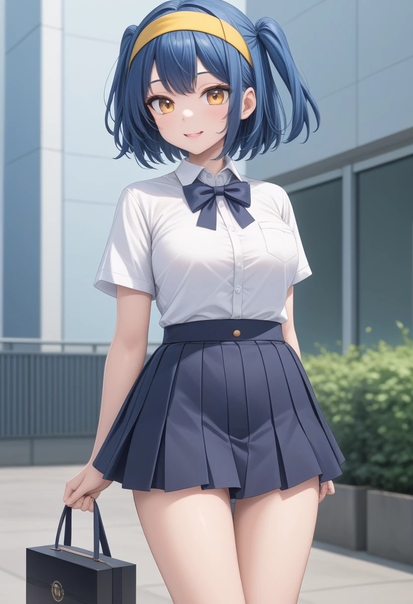 (masterpiece、highest quality、Very detailed)、((One Girl))、((Black Hair))、((short hair))、((black eye))、Confused eyes、((Unfriendly))、Earrings、((Very large breasts、F Cup))、Light blue bow tie、((White shirt))、Short sleeve、((Black pleated skirt))、((mini skirt))、((White baggy socks))、loafers、((Pantyhose peeking out from a skirt fluttering in the wind))、rooftop、Shoot from the front、