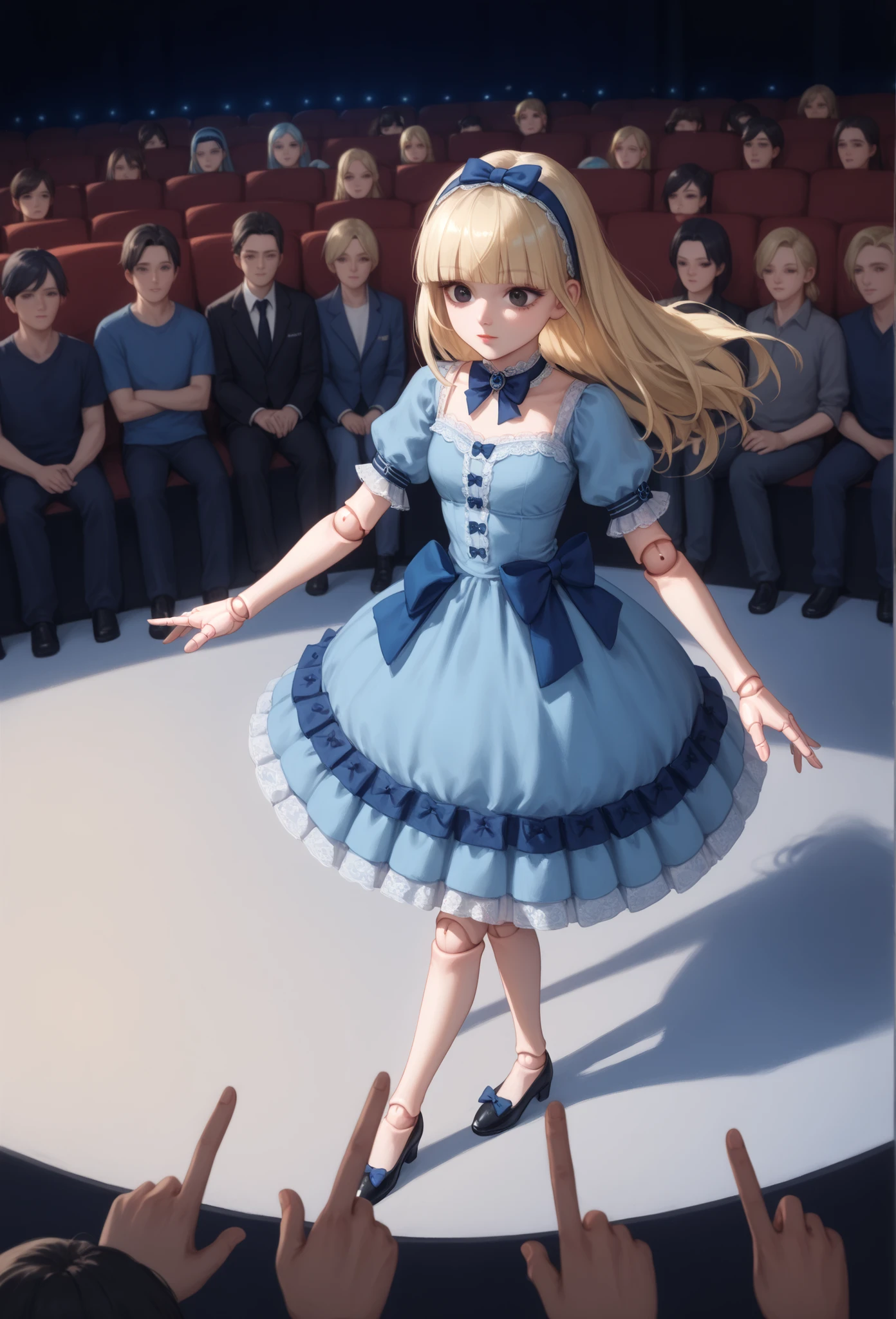 (masterpiece, best quality, newest, absurdres), doll joints, 1girl, strings, run-down theater, long blonde hair, blunt bangs, black eyes, blue frilly dress, dancing, close-up perspective shot from above, blue bow headband, strings attached to limbs