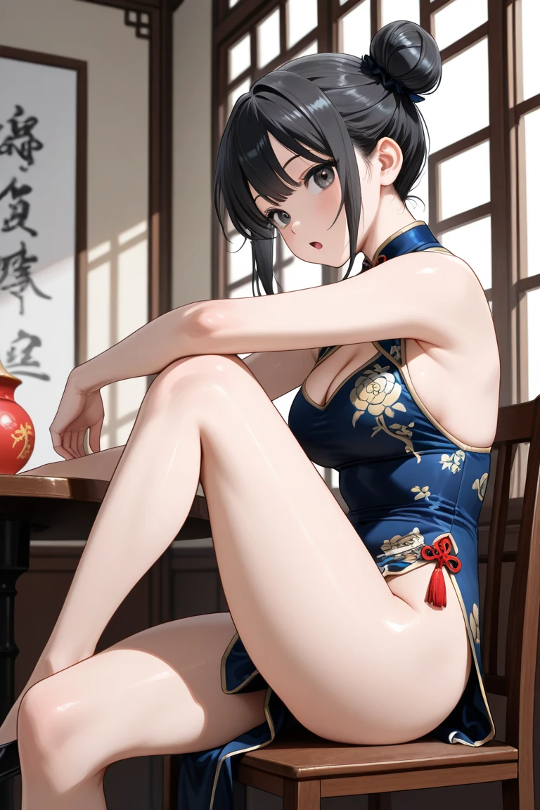 masterpiece, high resolution, ultra detailed, 8K, takarada rikka, HDR, embarassed, hand between legs, want to pee, in the restaurant, sexy sitting, leaning forward, one eye closed, sweaty, chinese costume, pouting, legs together, squishy thighs, masturbating, rubbing crotch