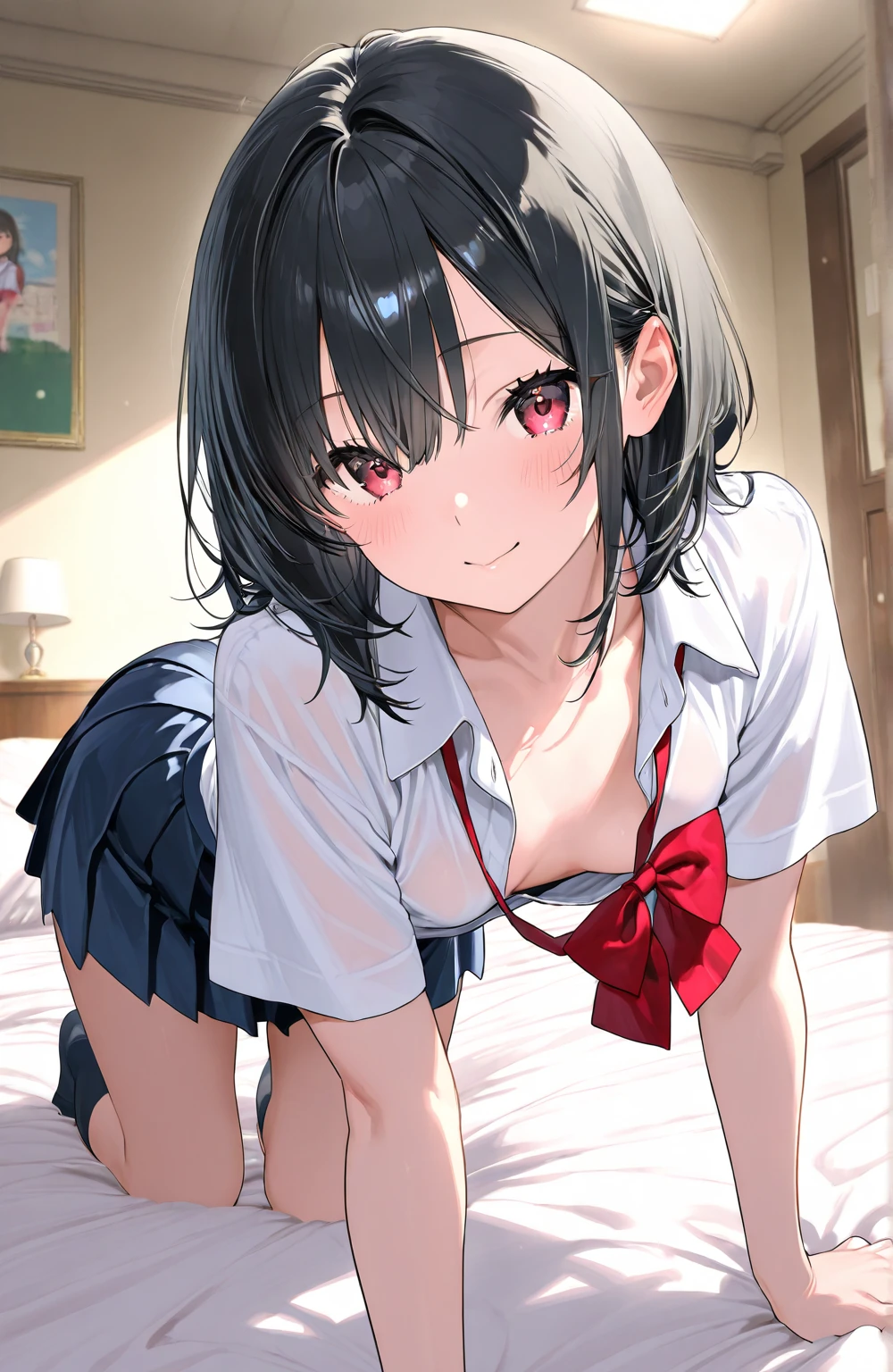 Hands Behind Back,Tied with hands behind back,from front,front view,looking at viewer, looking ahead,from above,cowboy shot,1girl,Beautiful 11 year old girl,Japanese,Slender,,low length,Small breasts,Thin legs,Small Ass,Baby Face,Small face,Black Hair,one side up,Gray Eyes,Drooping eyes,middle School girls,uniform,Short sleeve shirt,The bra is see-through,Pink Bra,ribbon,mini skirt,socks,first round,open mouth,tongue out,front face,Kneeling,Straight Stand,Beautiful and detailed anime art,Mischievous smile,Sexy vibe,cum on tongue,Dimly lit room,On the bed,Simple Background,Gray background,Low lighting,