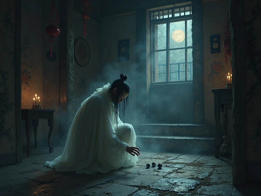 Top quality, masterpiece, old oriental background, 500 year old oriental shaman, casting a curse, messy hair, amulets thrown on the floor, temple interior background, candles on the floor, detailed image texture, creepy, horror, creepy atmosphere (not AI image), cloudy weather, fog, low color image, creepy, character filling the screen, image from various angles, delicate skin expression, wrinkled skin, colorless skin (grayish), figure wearing old oriental shaman's attire, white heavy makeup, with Buddha statue behind