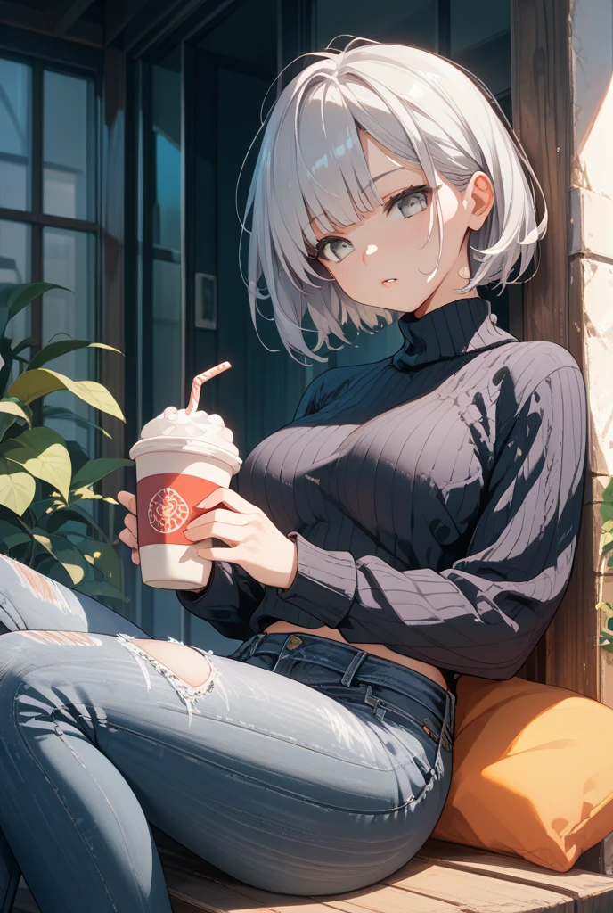((8k, Best Quality, Masterpiece: 1.3)), Ultra High Resolution, (One Girl, One Person), (Color Changing Eyes, Super Detailed, Expressive Sparkle, Sparkling, Glowing Eyes), Highly Detailed Eyes, In a cozy modern living room, bathed in the soft glow of the afternoon light streaming through the window, a beautiful girl with short silver hair sits comfortably on a sofa. Her hair is smooth and flows naturally, with soft curls framing her face and her bangs lightly resting on her forehead. She has large gray eyes that are slightly slanted, giving her a somewhat stern but mischievous look, and her cheeks are faintly flushed, adding a touch of cuteness to her expression. She is dressed in a loose-fitting T-shirt and hot pants, both in a colorless, modern style that highlights her relaxed demeanor. As she sits on the sofa, one leg propped up on her knee, she holds an open book in one hand and a cup of café latte in the other. Her gaze is directed at the camera with a slightly mischievous smile, perfectly capturing her playful and slightly teasing nature. The living room is furnished with a simple coffee table, on which the book and café latte are placed, and the background features minimalistic decorations and a few potted plants. The overall atmosphere is warm and inviting, creating a scene of casual relaxation.
