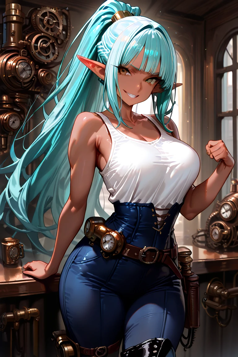 Young guy, long blue hair, Smile, red eyes, elf ears, red leather top, Shorts, open torso, lust, Masterpiece, hiquality