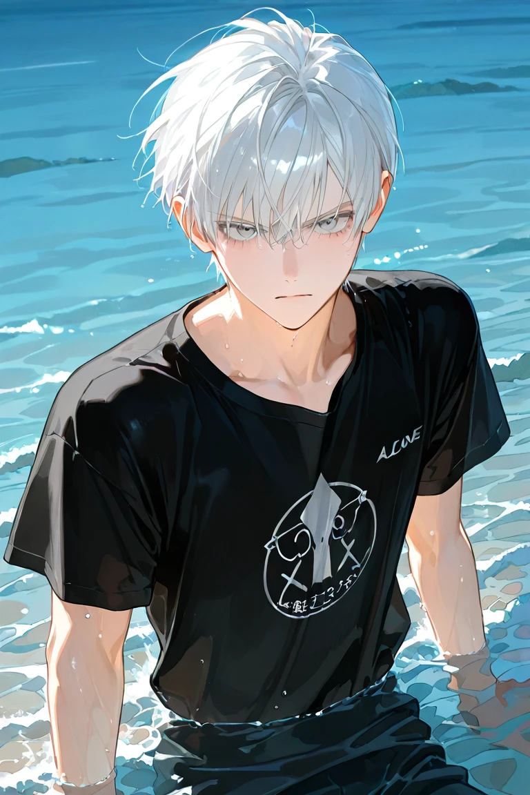 1male people, Wet, nude, short-hair, Wet hair, White hair, Blue eyes, Embarrassed face, Transparent clothes, in water, Bare chest, smale breasts部, lying in water, Legs spread, cosmetics, long eyelashes, Black nails, black robes, Yaoi, languorous expression, Bare shoulders, ((smale breasts))