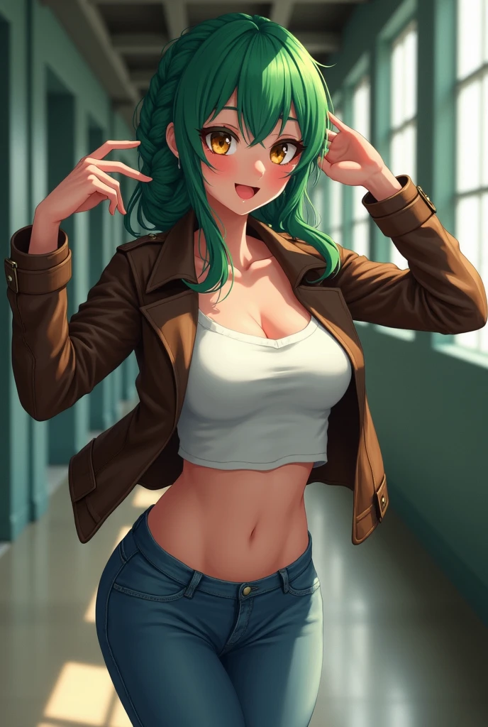 ((masterpiece,Highest quality:1.3)),cowboy shot,1woman、30-year-old beautiful detective、独奏,((very small head:1.5)),green hair,(low ponytail),long hair,blunt bangs,green eyes,gorgeous eyes,shy,smile,medium breasts,((very long body:1.3)),(toned body,slender body,skinny),gleaming skin,shiny skin,oily skin,(leather jacket、Tube top shirt、Micro Shorts、World of Blade Runner、
