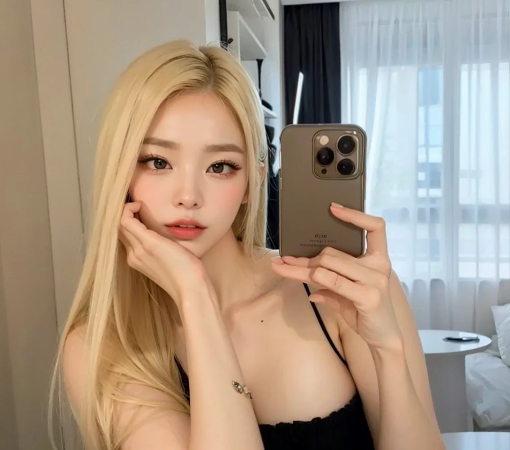 Asian, coreana, pink lips, cabelos loiros, decote bonito, olhos grandes 