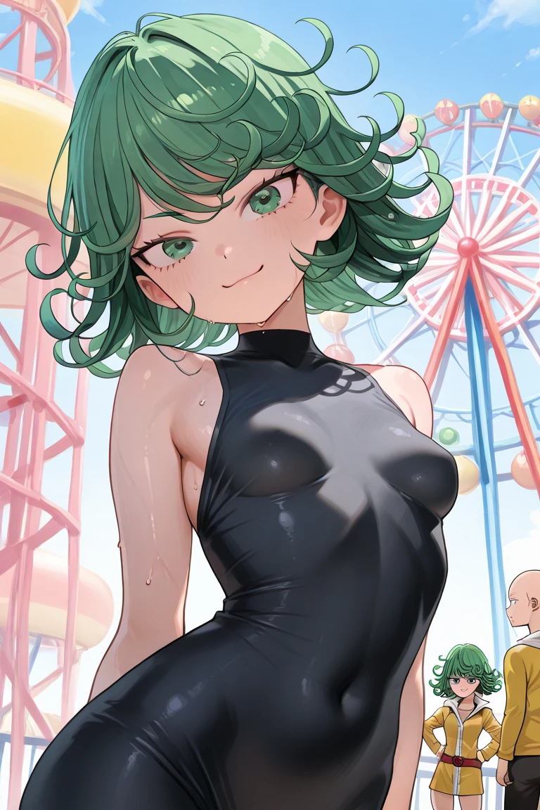 Ultra High Definition 2D Art、tatsumaki、short green hair,Hip Probe,Green ultra-thin rubber suit、Lawn Park,Open the chest,Cute Loli Style,Fleshy thighs、Sit with your knees bent、Show off your panties